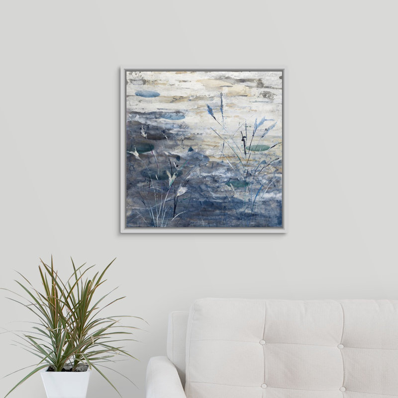 «Pond», peinture sur toile, H 21,7 po x l 21,7 po x p 1,75 po, Cadre flottant blanc