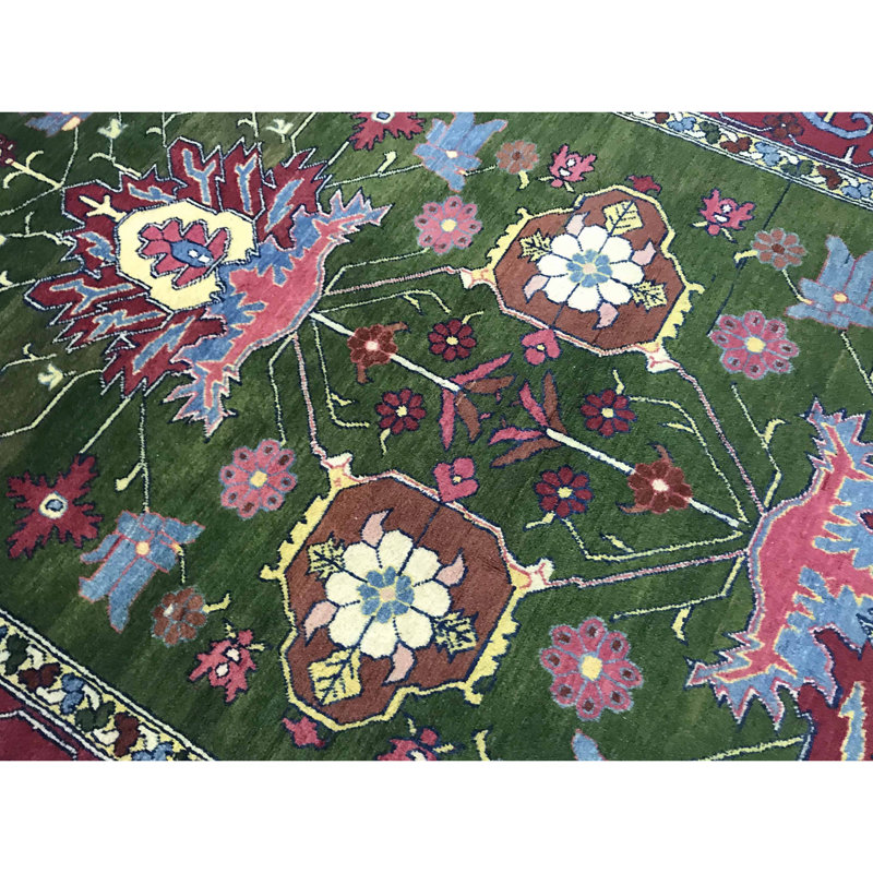 Hand-Knotted High-Quality Green and Wine Area Rug