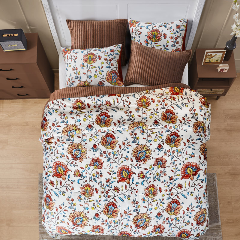 Wonderful Floral Comforter Set Linen-Like Fabric With Slub Texture, Queen Comforter + 2 Standard Shams, Burnt Orange