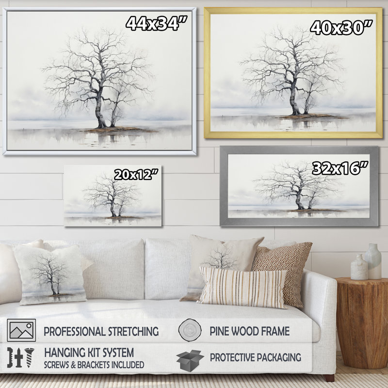 «Minimalisme gris arbre solitude VI», reproduction sur toile, Cadre photo noir, H 24 po x l 32 po x P 1 po