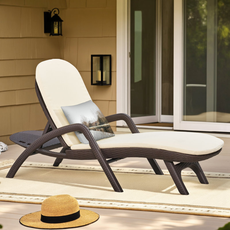 Wicker-Style Outdoor Chaise Lounge with Cushion, Weather-Resistant Lounger, Beige, Brown