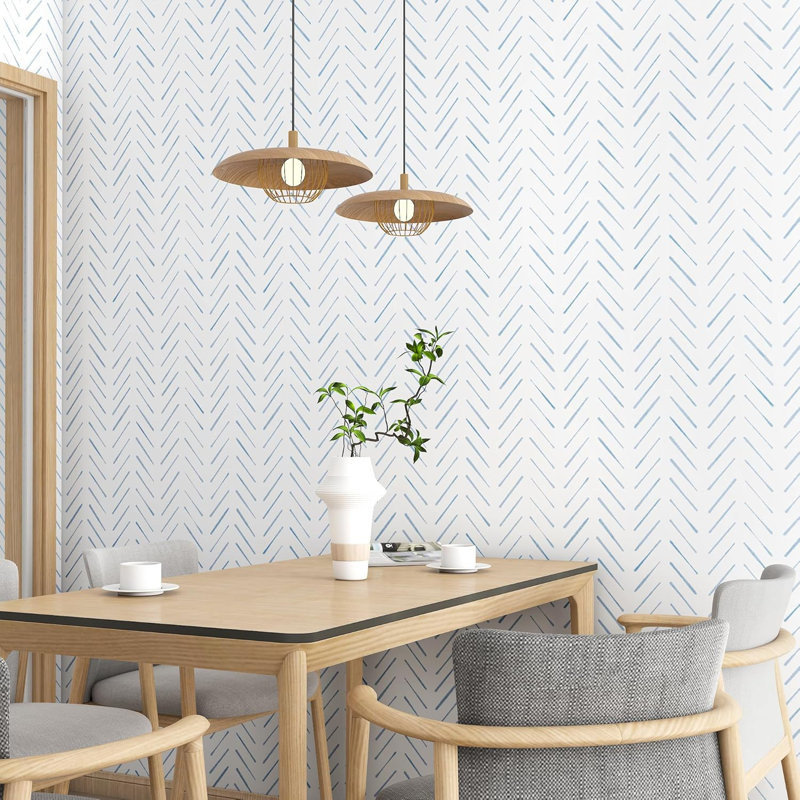 Papier peint adhésif à chevrons, rouleau de vinyle amovible auto-adhésif de 17,3 po x 393 po, papier de contact Boho bleu et blanc pour la chambre à coucher, la salle de bain, les armoires, et plus encore