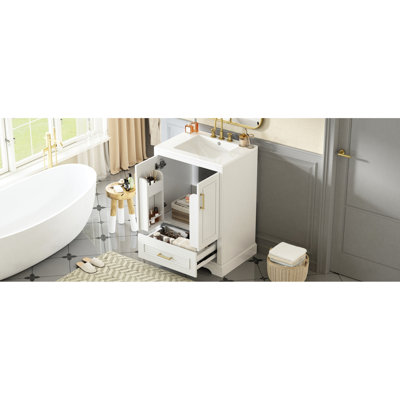 Meuble-lavabo moderne de 24 po comprenant un lavabo en céramique, un pied en bois massif et deux tablettes pour un cadre de rangement spacieux, fonctionnel et fonctionnel, une solution pratique et spacieuse