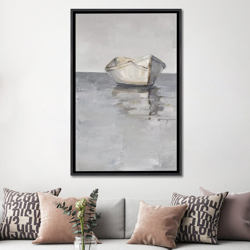 "Boat on the horizon I" par Ethan Harper, reproduction d’art, H 60 po x l 40po x P 1,5 po, Encadrement noir décoloré