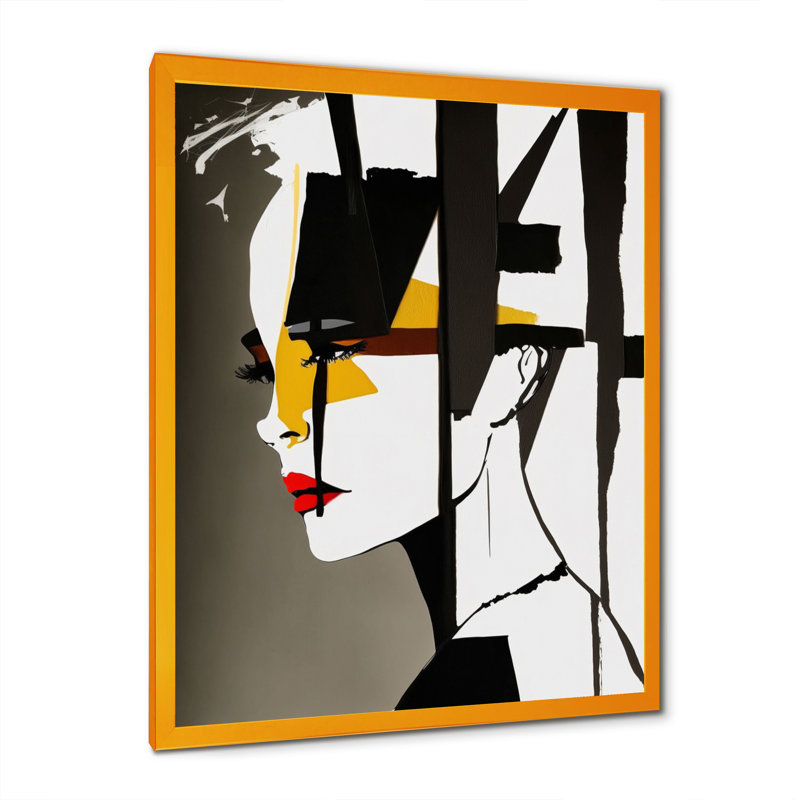 Street art profil en jaune et noir sur toile, H 44 po x l 34 po x P 1,5 po, Encadrement doré