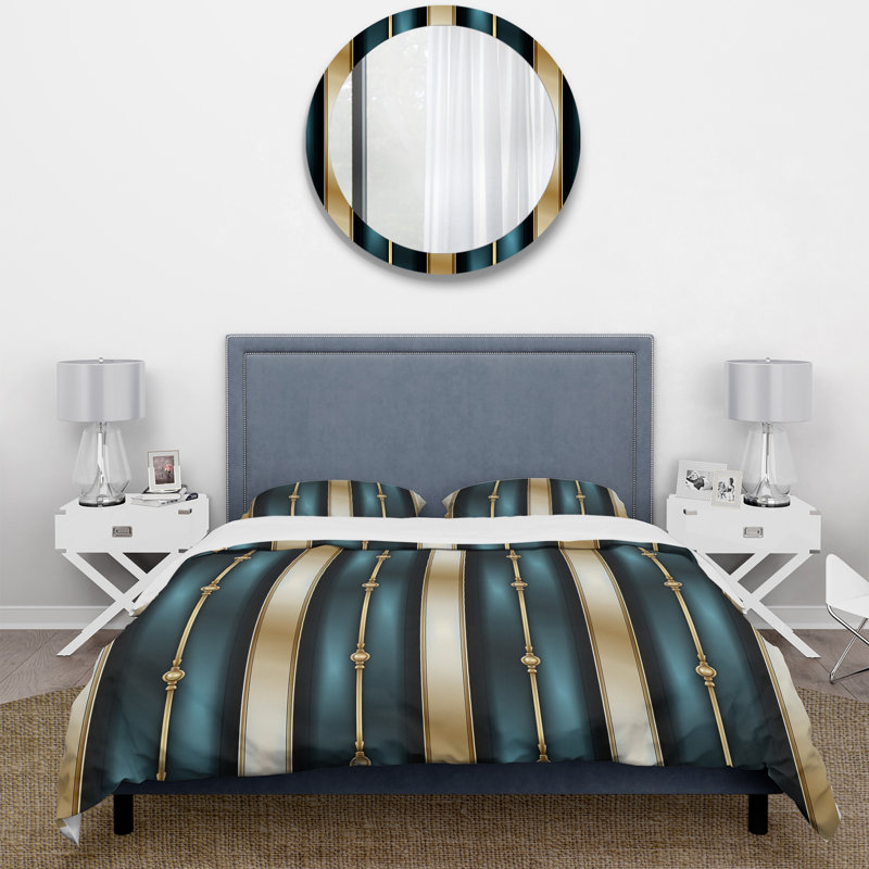 Literie rayée élégante sarcelle et dorée, Housse de couette simple + 1 taie décorative stan