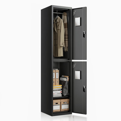 Metal Locker Organizer For Employees, 2 Doors Lockable Cabinet With Hanging Rod and Mirror For Office Gym School