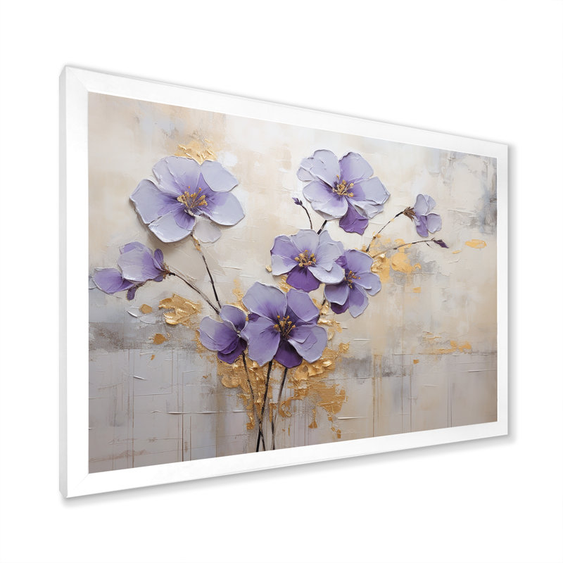 Mauve et or orné de violettes Meadow I - art mural Violettes, H 16 po x l 32 po x P 1 po, Cadre simple blanc