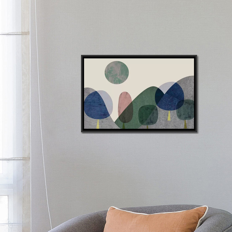 «Trees And Mountains» par Flatowl, impression sur toile, H 18 po x l 26 po x P 1,5 po, Toile avec cadre noir, Pas de tapis