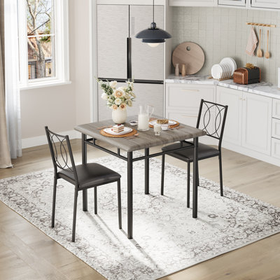 Space-Saving 3-Piece Dining Table Set for 2 – Farmhouse Walnut Wooden Table with Upholstered Chairs – Easy-to-Clean, Sturdy Construction – Compact for