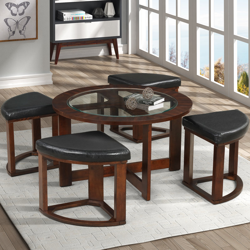 Ensemble de table ronde avec plateau en bois massif et table basse avec 4 tabourets