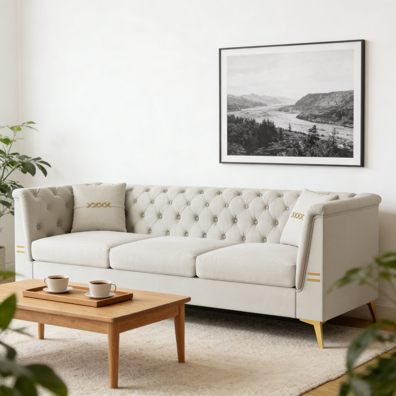 Canapé moderne de style Chesterfield 3 places pour le salon, Blanc, crème