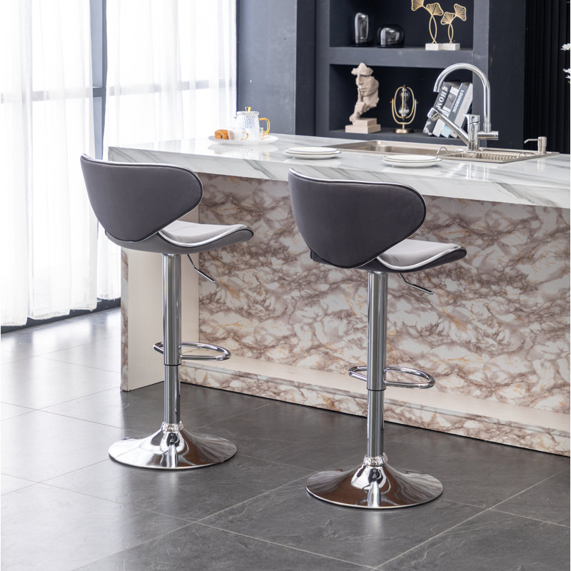 Annetra Velvet Upholstered Adjustable Swivel Barstool, Grey