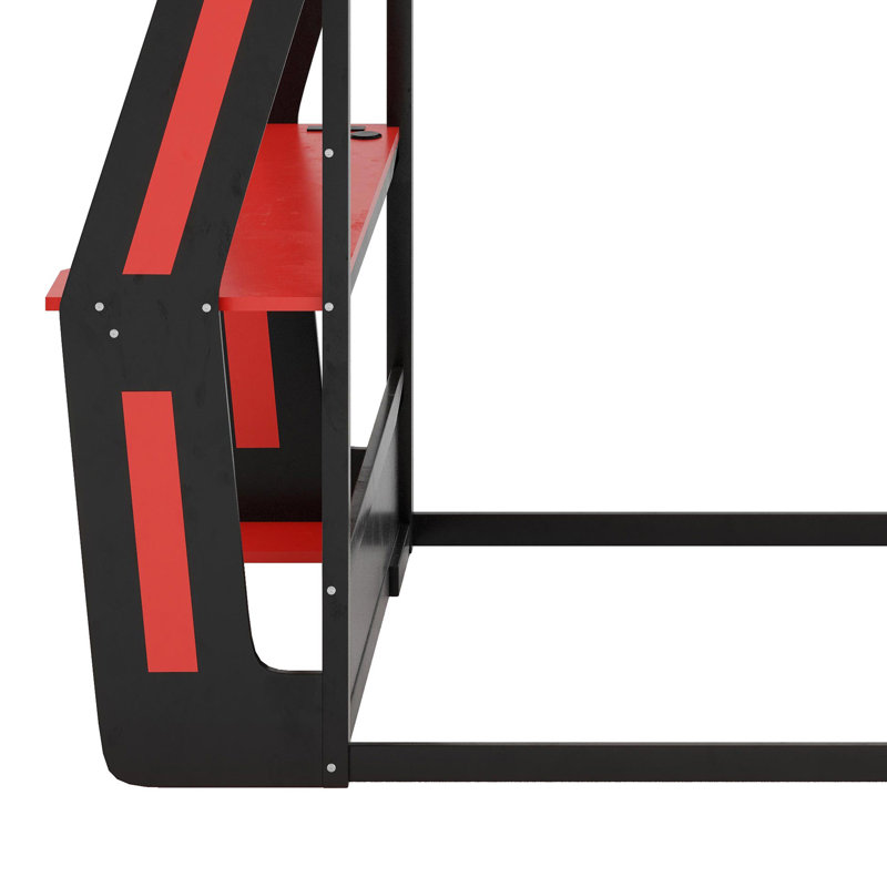 Gaming Bunk Bed With Side-Mounted Oversized RGB Desk, Red