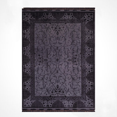 Original Hand Knotted Traditional Pattern Black Wool and Silk Rug