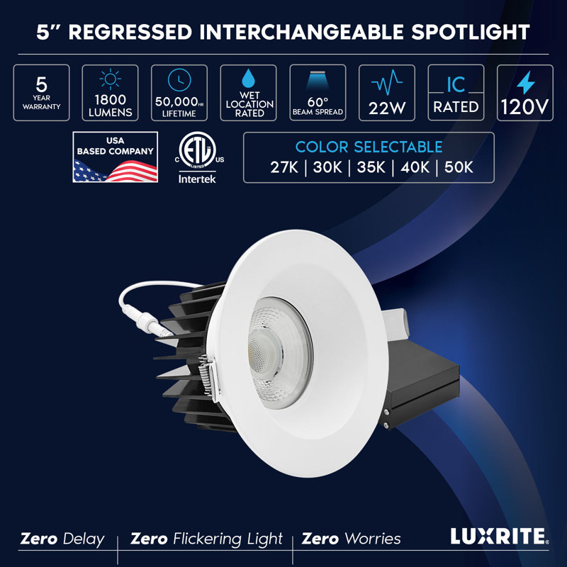 Luminaire encastré DEL 5 pouces LUXRITE, régressé avec garniture ronde blanche, 22 W, 1 800 lm, 5 TCC, faisceau de 60 °, intensité variable, Twist-N-Lock, CRI90, ETL, paquet de 4