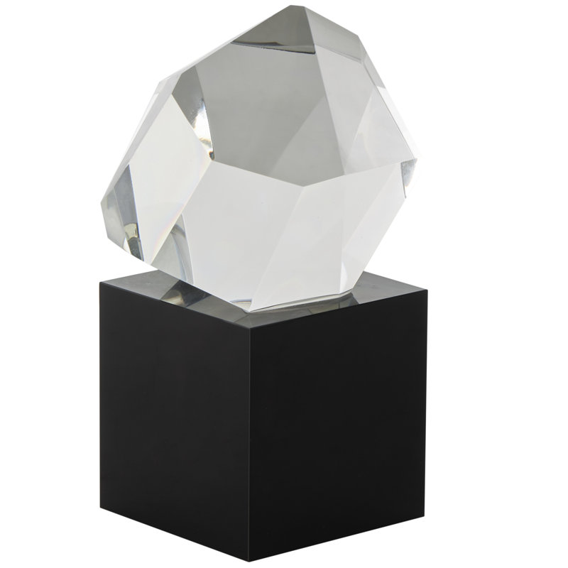 Wakenda Glass Cut Stone Inspired Abstract Decorative Clear Sculpture with Black Base, 7.05" H x 3.75" W x 4.25" D