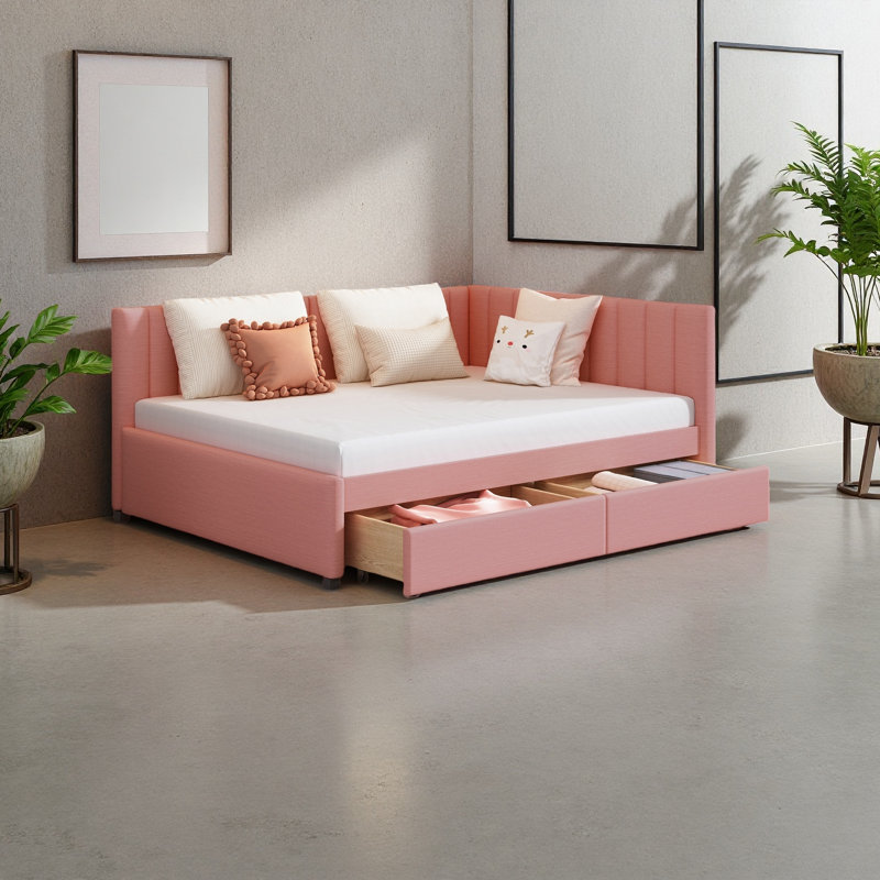 Full Size Upholstered Daybed With 2 Storage Drawers Sofa Bed, Pink