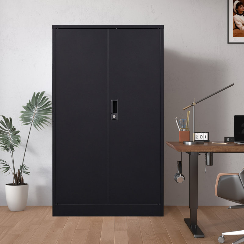 Metal Storage Cabinet With Locking Doors And Adjustable Shelf, Folding Filing Storage Cabinet For Home Office, Black