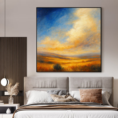 Très grand art mural imprimé sur toile - Paysage champêtre doré et ciel, pastel doux, décor contemporain ou maison de campagne pour le salon ou la chambre à coucher - «Assemblage requis du cadre (cadre non fini)»