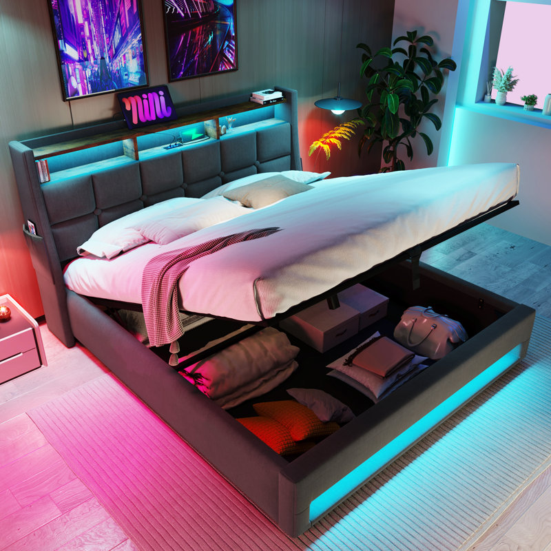 Lit plateforme tapissier avec charge DEL et USB, Gris, Grand lit