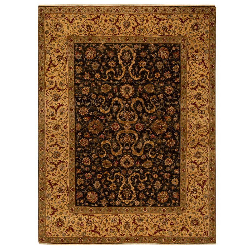 Hand Knotted Wool Oriental Area Rug in Black And Gold