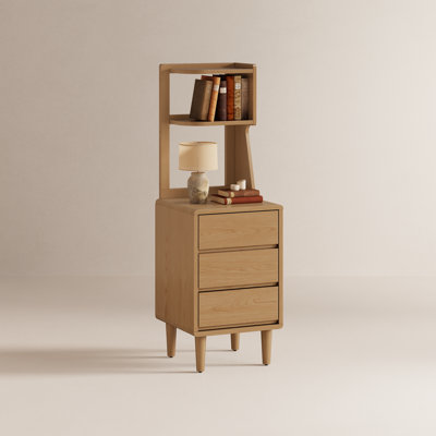 Tall Narrow Solid Wood Nightstand with Drawers & Open Shelves, Multi-Purpose Bookshelf