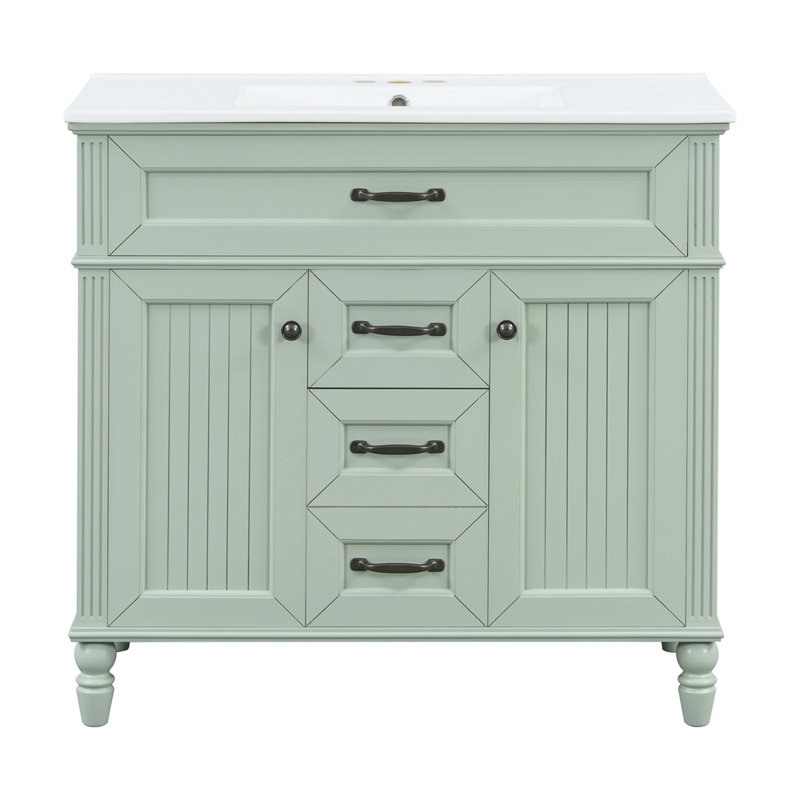 Ensemble de meuble-lavabo 36 po avec lavabo, meuble autoportant blanc avec cuve en céramique, cadre en bois aggloméré et en bois massif, tiroir supérieur rabattable, portes à fermeture en douceur, 2 tiroirs de rangement