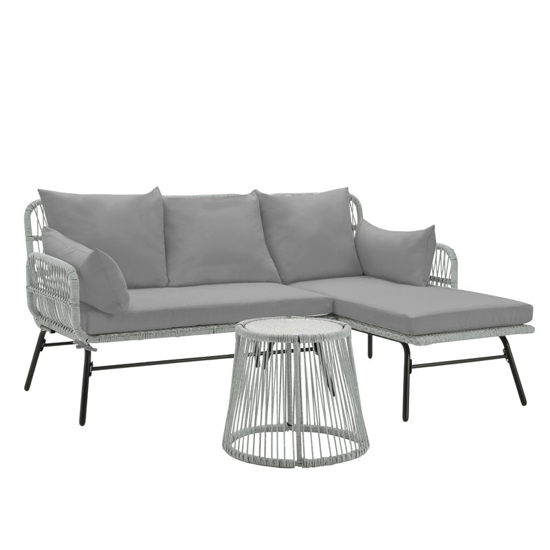 3 Pieces Outdoor Patio Furniture Sets, L-Shaped Sectional Wicker Conversation Sets With Thick Cushions And Toughened Glass Coffee Table For Backyard, Balcony, Garden, Porch