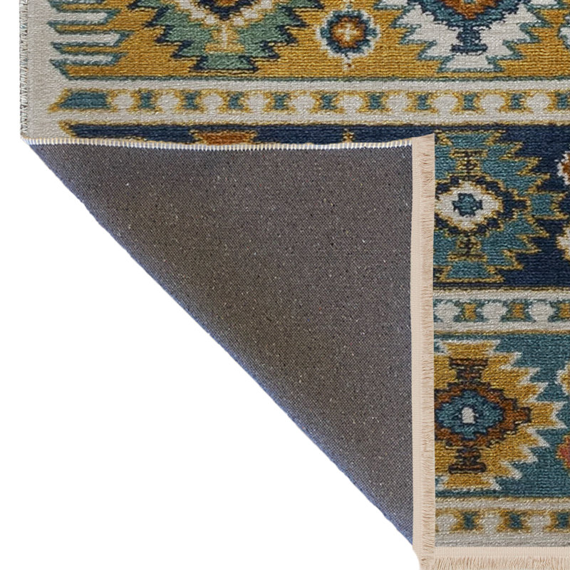 Tapis décoratif multicolore clair à motifs géométriques et à franges, Rectangle 3 pi 3 po x 6 pi 7 po