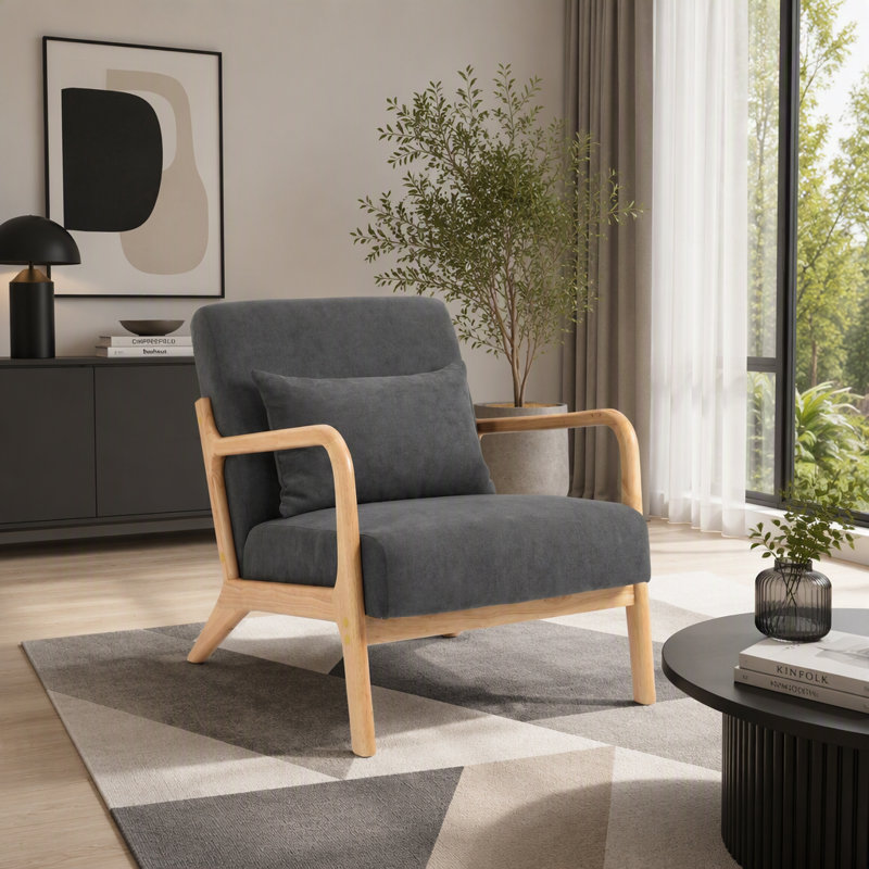 Chaise d'appoint rembourrée avec coussin lombaire Mid-Century, Gris antique, Naturel