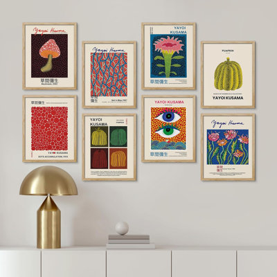 «Mushroom Abstract», botanique, bleu, rouge, pois, citrouille japonaise, par Yayoi Kusama, reproduction d'art encadrée sur papier, 8 pièces