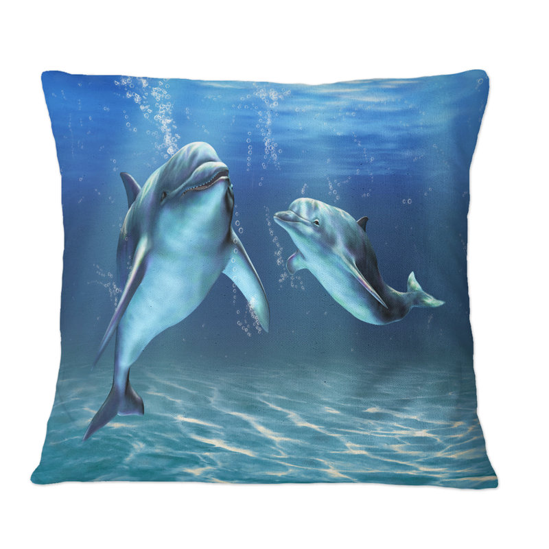 Deux dauphins bleus - coussin décoratif imprimé nautique et côtier, 18 po x 18 po
