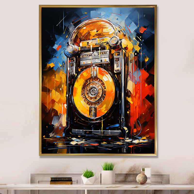 Jukebox Machine Neon Grooves 4 - Jukeboxes, art mural, H 40 po x l 30 po x P 1,5 po, Cadre flottant doré