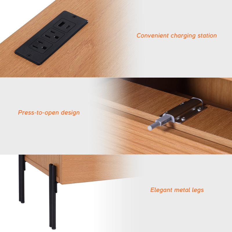 Laverda 2-Piece Modern Minimalist Nightstands Set - Reed Pattern Design, Built-In Usb Ports For Bedroom Furniture, Mocha