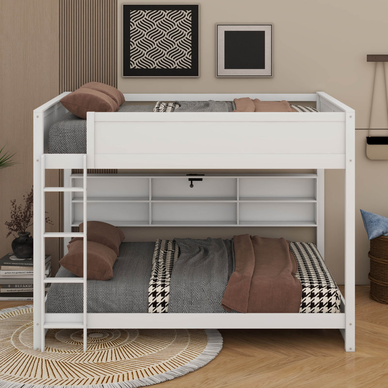 Lit superposé grand sur grand avec armoires et ports USB, Blanc