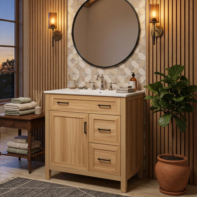30" Bathroom Vanity With Ceramic Sink, Solid Wood Frame Storage Cabinet With 2 Soft-Close Drawers & 1 Door