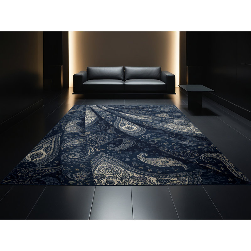 Tapis motif cachemire bohémien gris lavable à la machine - reliure bleu marine, 3 X 5