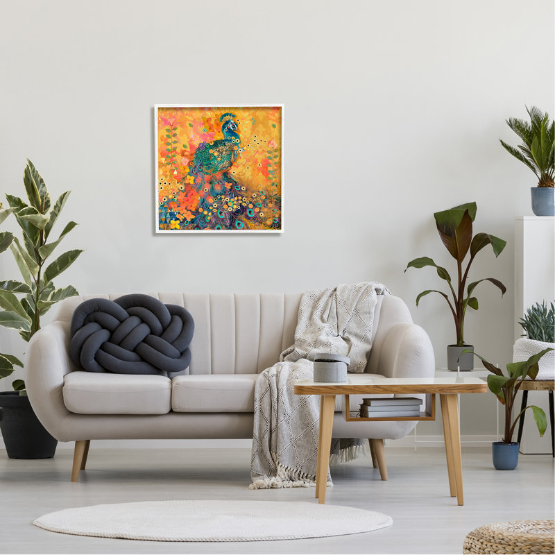 Motif de paon bohémien, impression sur bois, Giclée encadrée blanc bord de mer, H 24 po x l 24 po x P 1,5 po