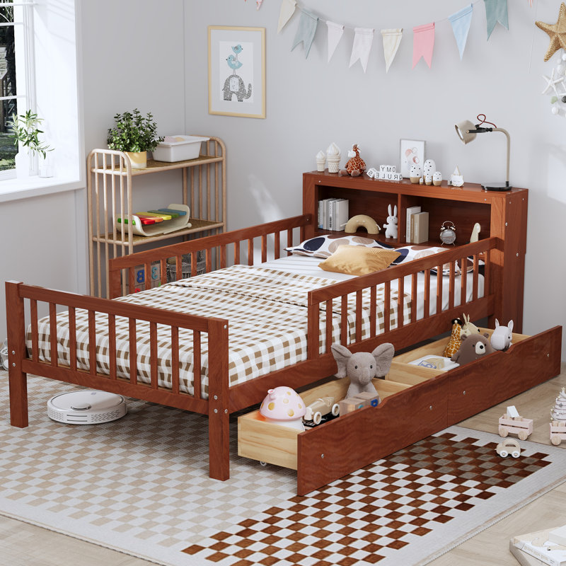 Twin Bed with Headboard Storage Rack, Under-Bed Storage and Three-Side Guardrails, Walnut, Brown