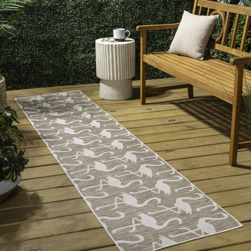 Cindia Casual Coastal Flamingos Two-Tone Beige/White Indoor/Outdoor Rug, Runner 2' x 7'10"
