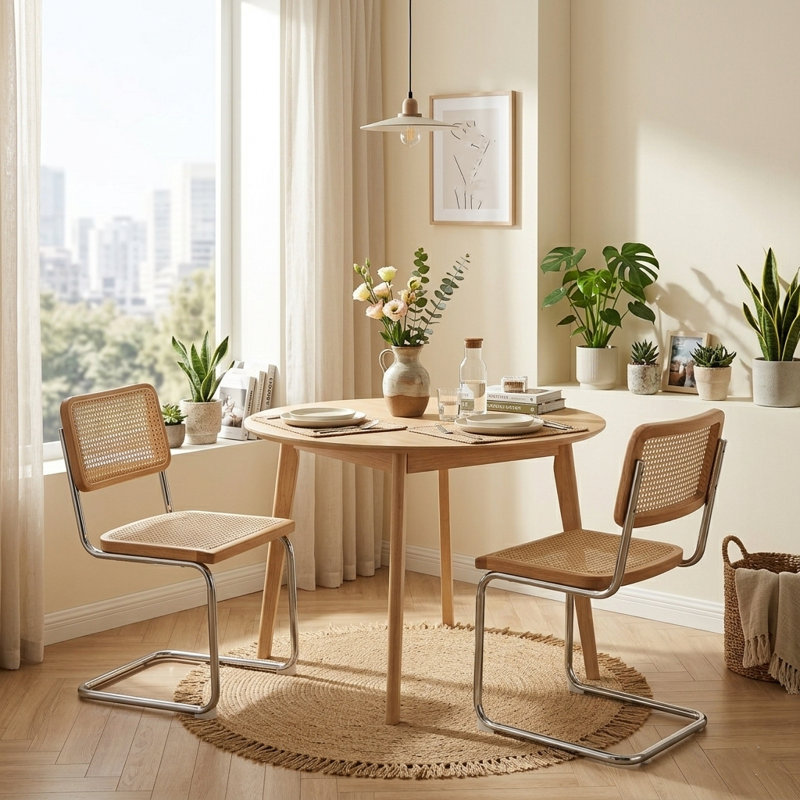 19.3" H Mid-Century Modern Cantilever Dining Chair with Cane Back and Seat, Metal Frame , Burly Wood 1, Silver