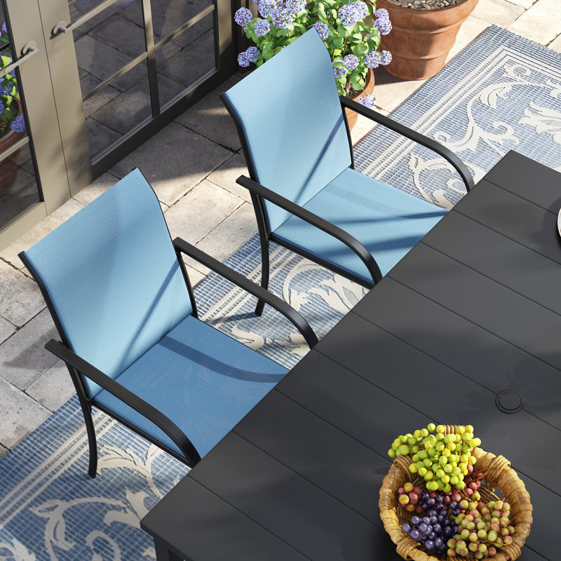 6-Person Rectangular Patio Dining Set With Stackable Textilene Chairs, Black/Blue