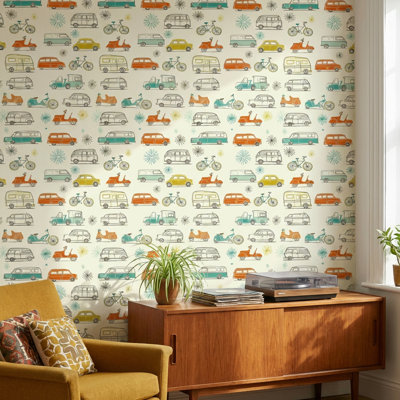 Papier peint décoratif rétro véhicules colorés