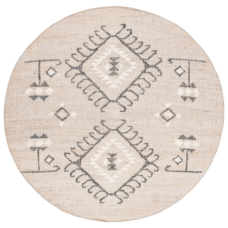 Tapis gris / noir en jute tissé à plat à la main Mackay Southwestern, Rond 7 pi