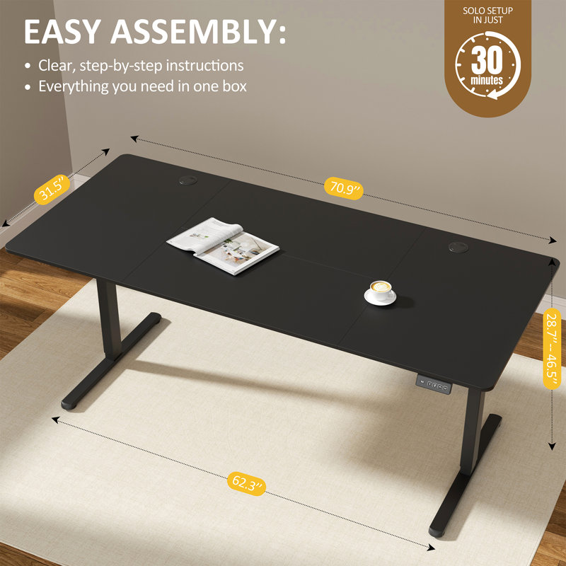 Bureau debout réglable électrique Oishee, Noir, noir, noir, noir, 46,5 po H x 70,9 po L x 31,5 po po
