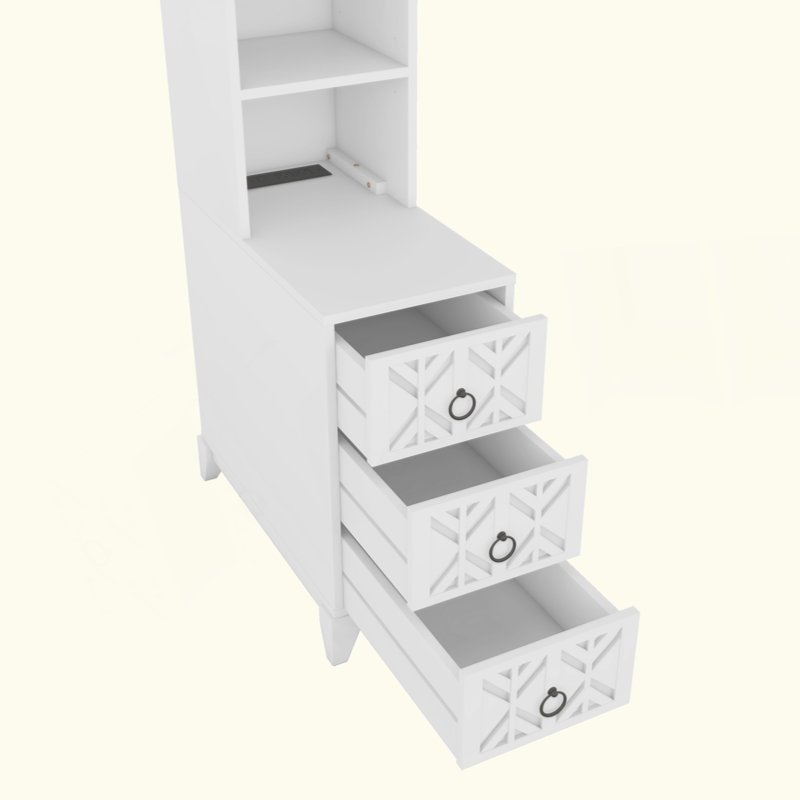End Table With 3 Drawers, Corner Table With 2 Open Shelves, Tall Side Table For Bedroom And Corner, White