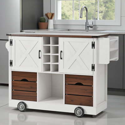 Îlot de cuisine de ferme avec abattant, prise de courant, chariot de rangement de cuisine avec 2 portes, 2 tiroirs, îlot de cuisine roulant sur 4 grandes roues avec support à épices pour la cuisine, la salle à manger, blanc