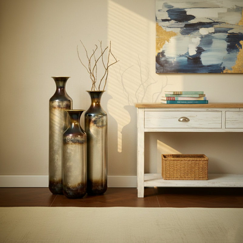 Hand-forged 3-piece Iron Floor Vase Set With Burnt Finish - Rustic Industrial Metal Vases (28.34" ,24.4",20.4")