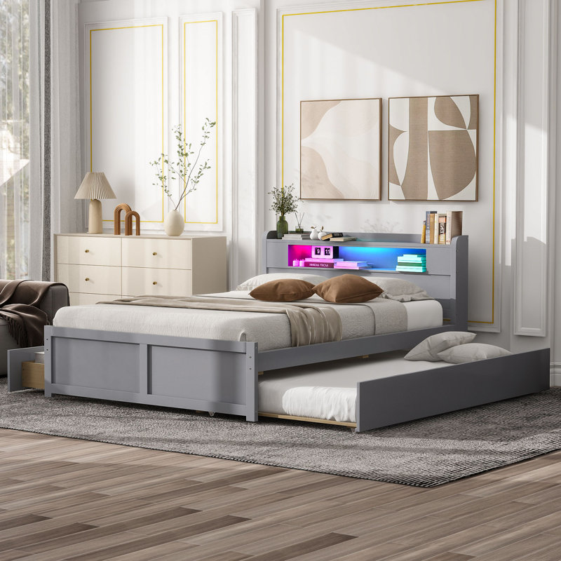 Grand lit plateforme en bois avec tête de lit à DEL, lit gigogne simple et 2 tiroirs de rangement - Structure de lit moderne et peu encombrante, gris